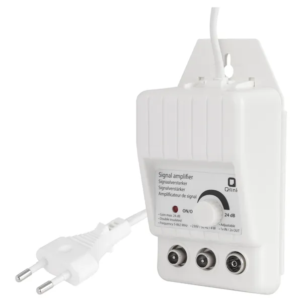 Q-Link coax signaalversterker, 2 uitgangen, regelbaar, wit