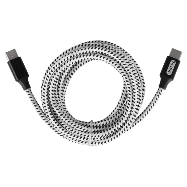 Q-Link datakabel USB-C naar USB-C, 2 m, textiel, zwart/wit