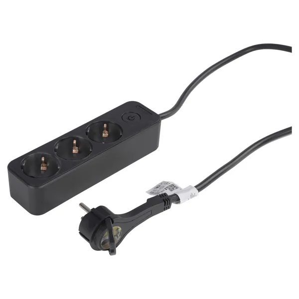 Q-Link platte stekkerdoos 3-voudig met schakelaar, 1,5 m, zwart