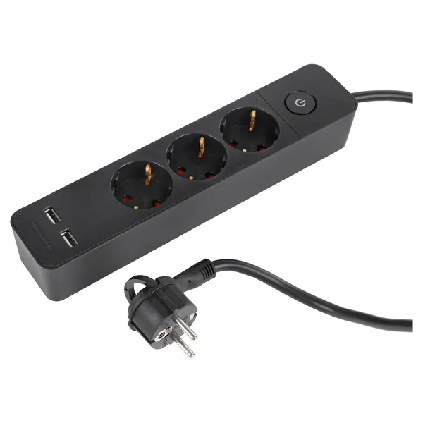 Q-Link platte stekkerdoos 3-voudig met 2 x USB-A, 1,5 m, zwart