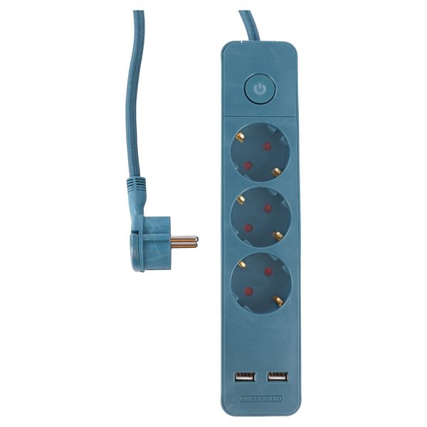 Q-Link stekkerdoos 3-voudig met 2 x USB, textielsnoer 1,5 m, blauw