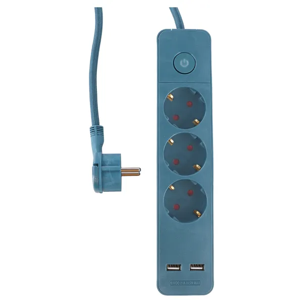 Q-Link stekkerdoos 3-voudig met 2 x USB, textielsnoer 1,5 m, blauw