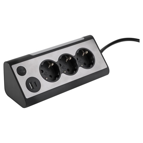 Q-Link stekkerdoos 3-voudig, LED-lamp, USB-A/C, RVS-look/zwart