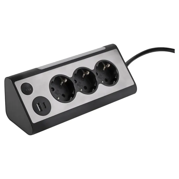 Q-Link stekkerdoos 3-voudig, LED-lamp, USB-A/C, RVS-look/zwart