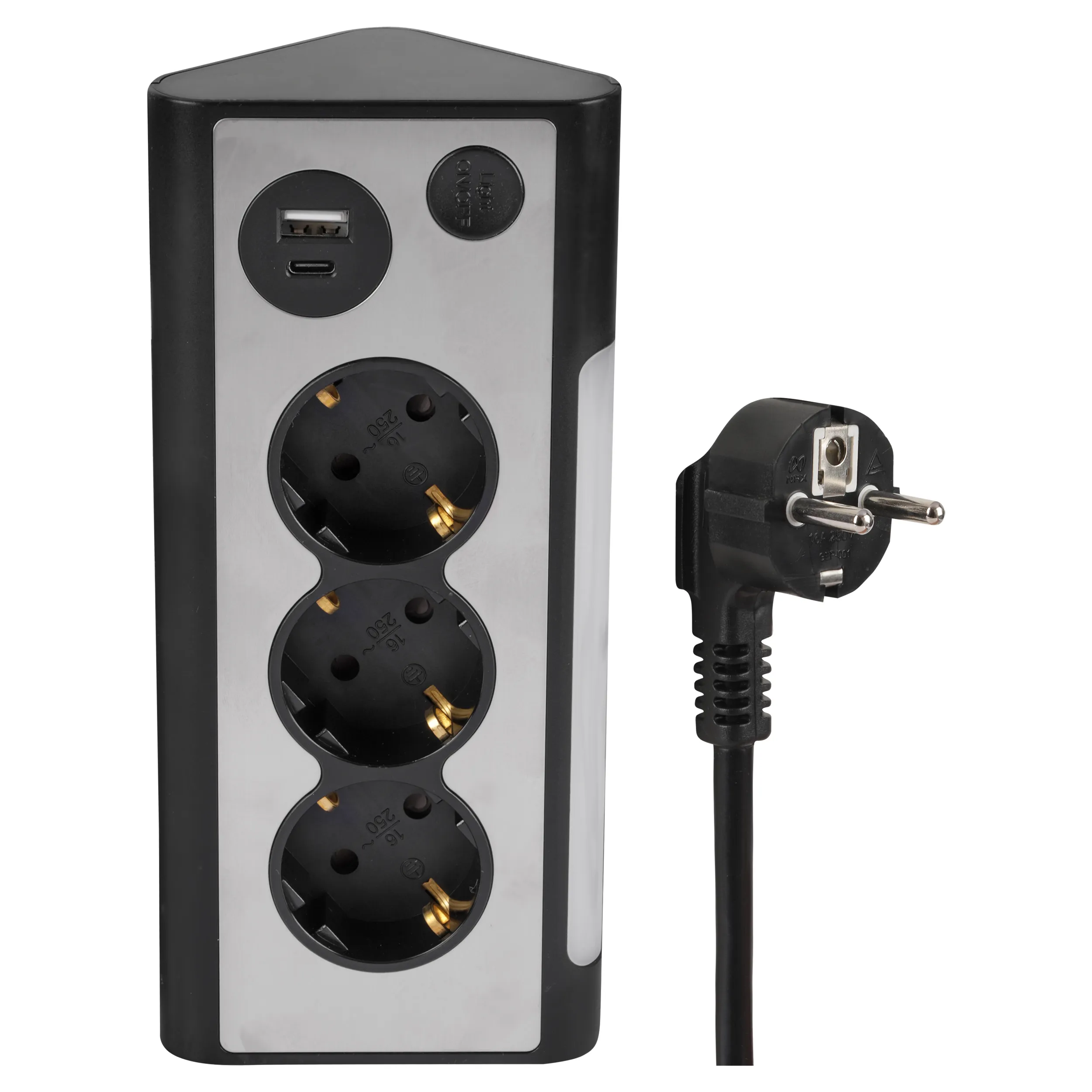 Q-Link stekkerdoos 3-voudig, LED-lamp, USB-A/C, RVS-look/zwart - Afbeelding 2