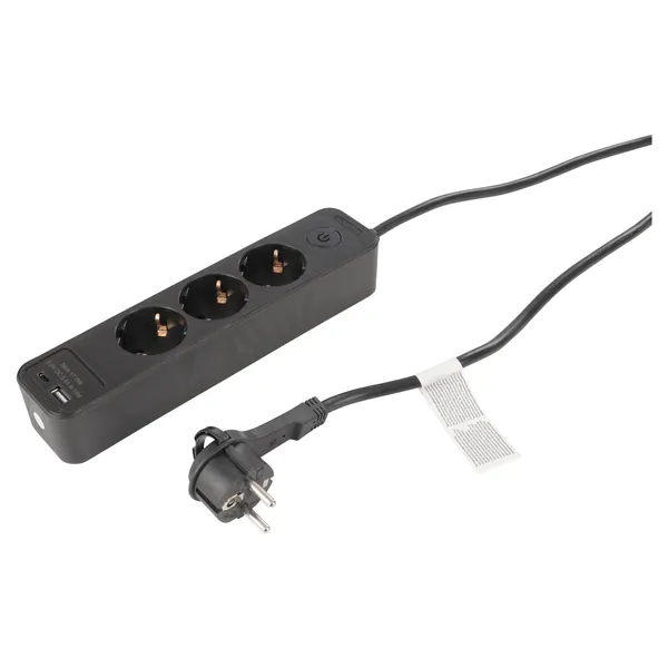 Q-Link stekkerdoos 3-voudig met USB-A/C en platte stekker, zwart