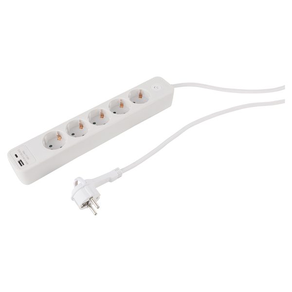 Q-Link stekkerdoos 5-voudig met USB-A/C en platte stekker, wit