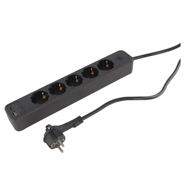 Q-Link stekkerdoos 5-voudig met USB-A/C en platte stekker, zwart