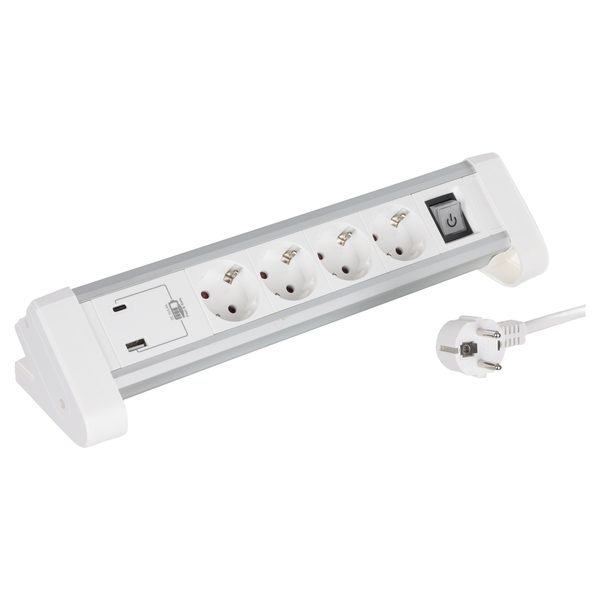 Q-Link bureaustekkerdoos 4-voudig met USB-A/C, 1,5 m, wit/grijs