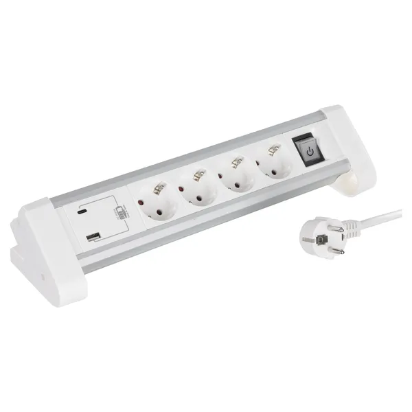 Q-Link bureaustekkerdoos 4-voudig met USB-A/C, 1,5 m, wit/grijs
