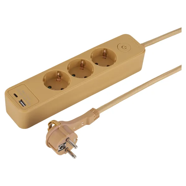 Q-Link stekkerdoos 3-voudig, USB-A/C, textielsnoer 1,5 m, mat goud
