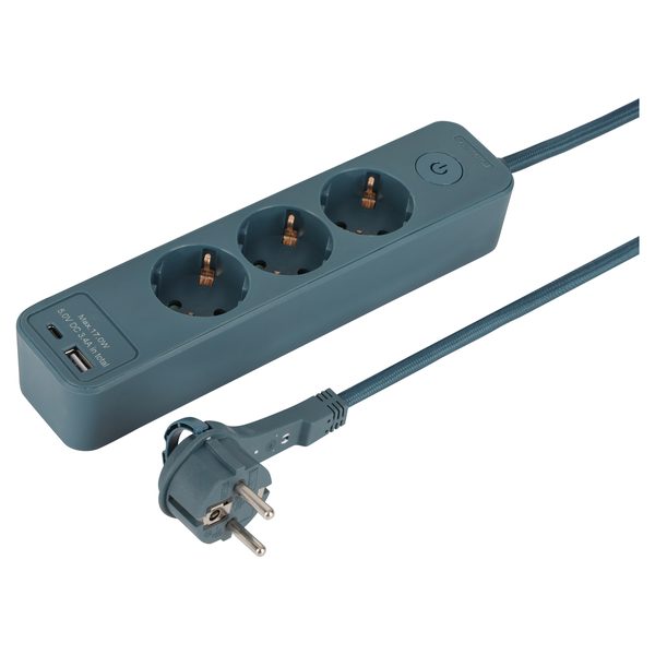 Q-Link stekkerdoos 3-voudig, USB-A/C, textielsnoer 1,5 m, petrol