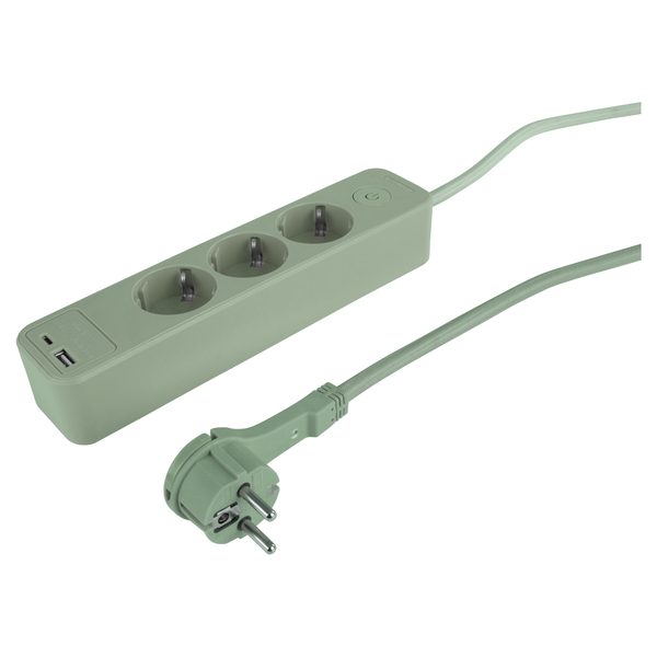 Q-Link stekkerdoos 3-voudig, USB-A/C, textielsnoer 1,5 m, groen