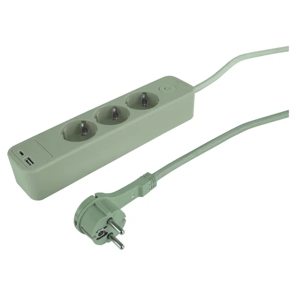 Q-Link stekkerdoos 3-voudig, USB-A/C, textielsnoer 1,5 m, groen