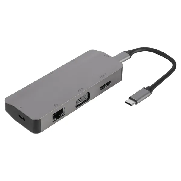 Q-Link USB-C hub 8-in-1 met HDMI, VGA en RJ45, kabel 15 cm